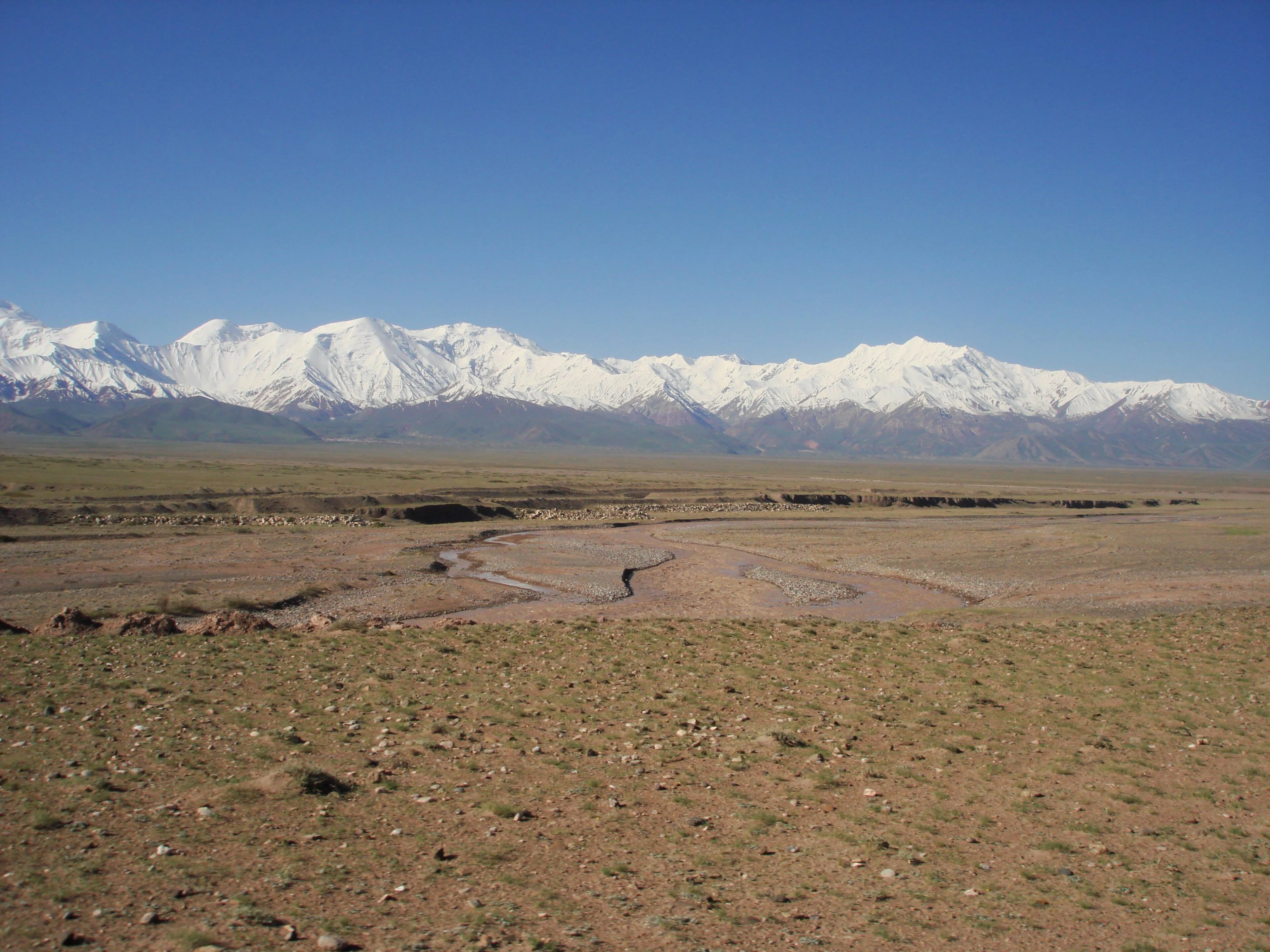 The open Alay Valley, the Kyzyl-Suu riverbed and the snowy Trans-Alay range.