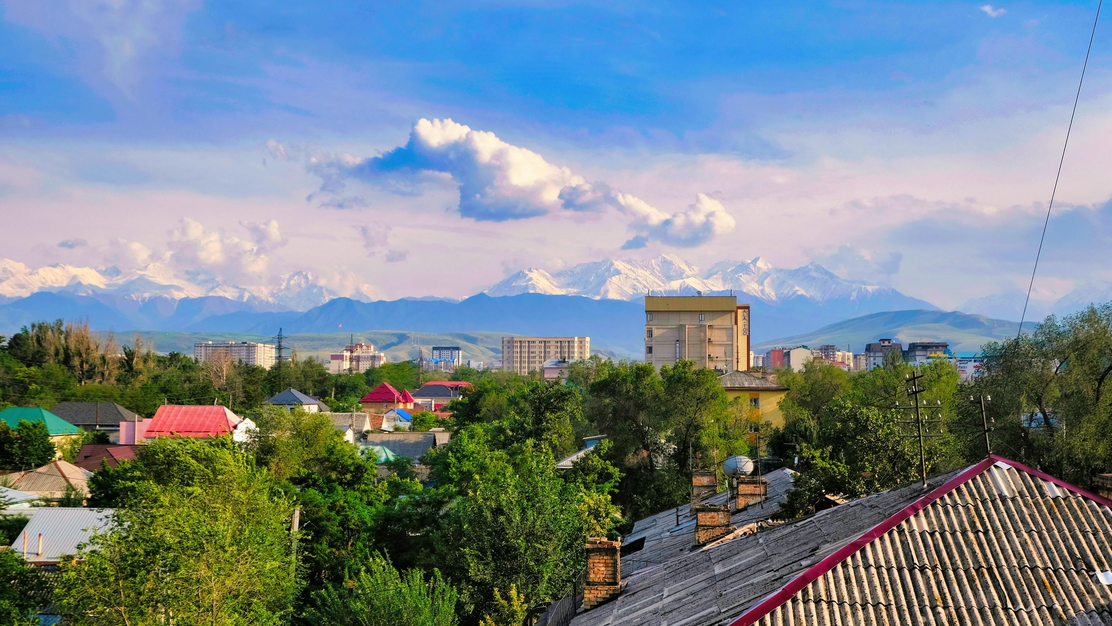 Green Bishkek rooftops beneath the snow-covered Kyrgyz Ala-Too mountains.