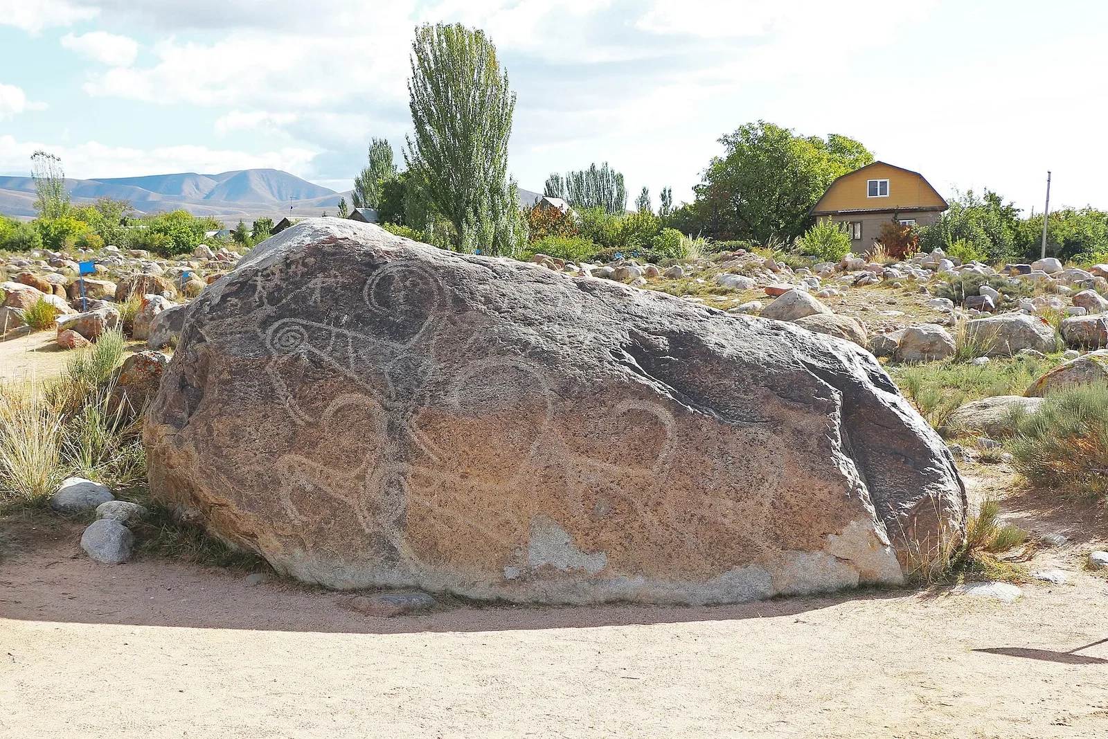 Ancient animal carvings on a boulder at Cholpon-Ata’s open-air petroglyph museum.