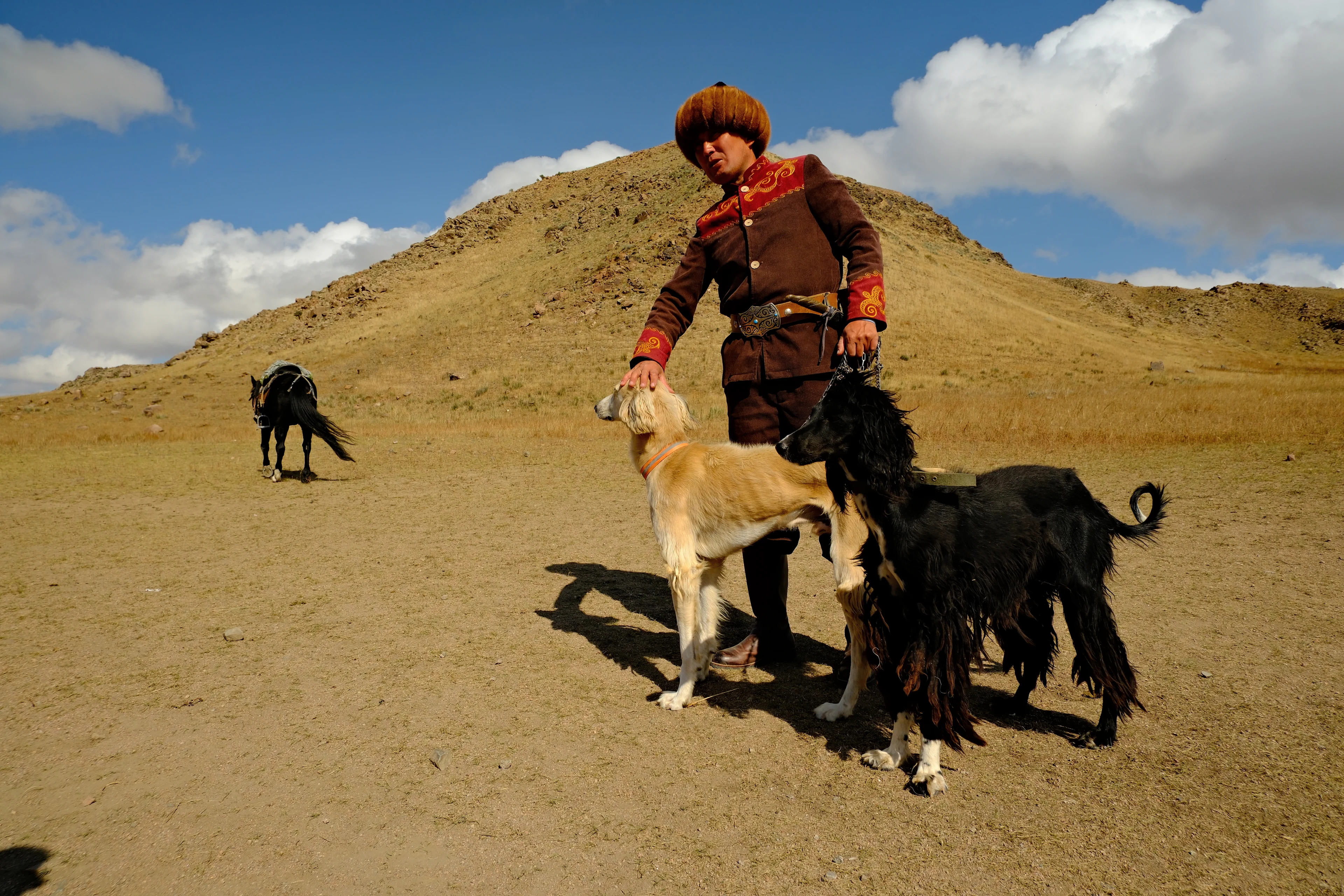 An eagle hunter standing with two dogs in the mountain landscape.