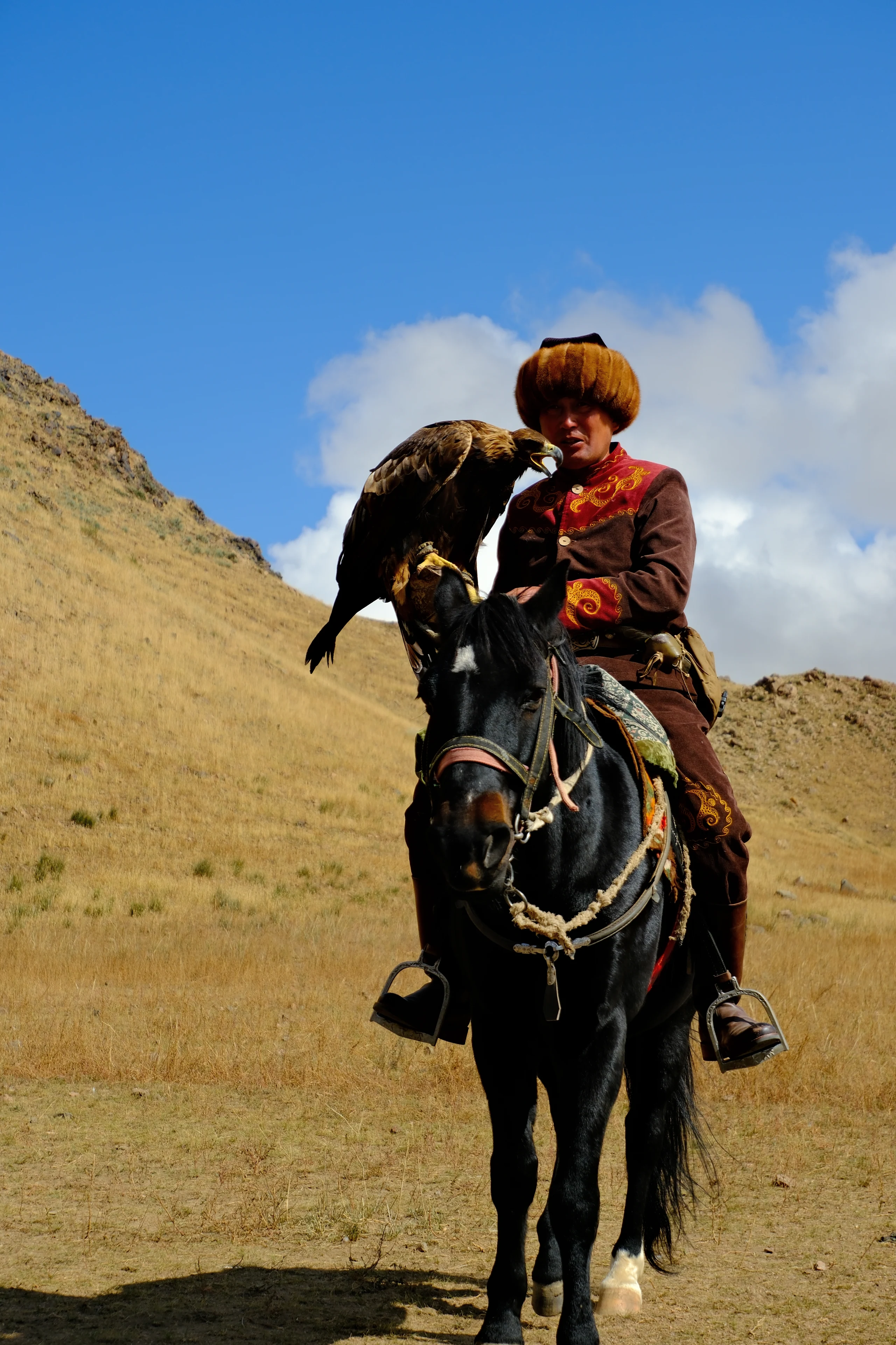 An eagle hunter with his bird on horseback.