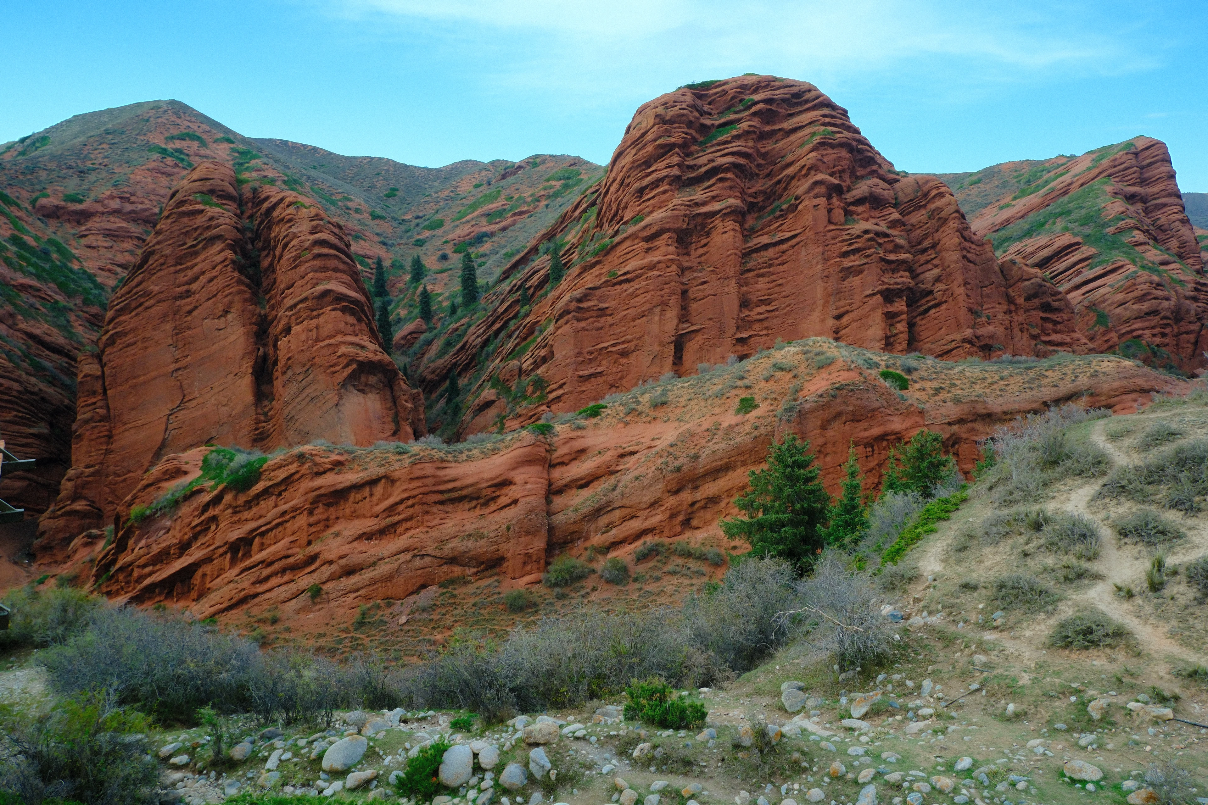 The red sandstone cliffs of Jeti-Oguz beneath a blue sky.