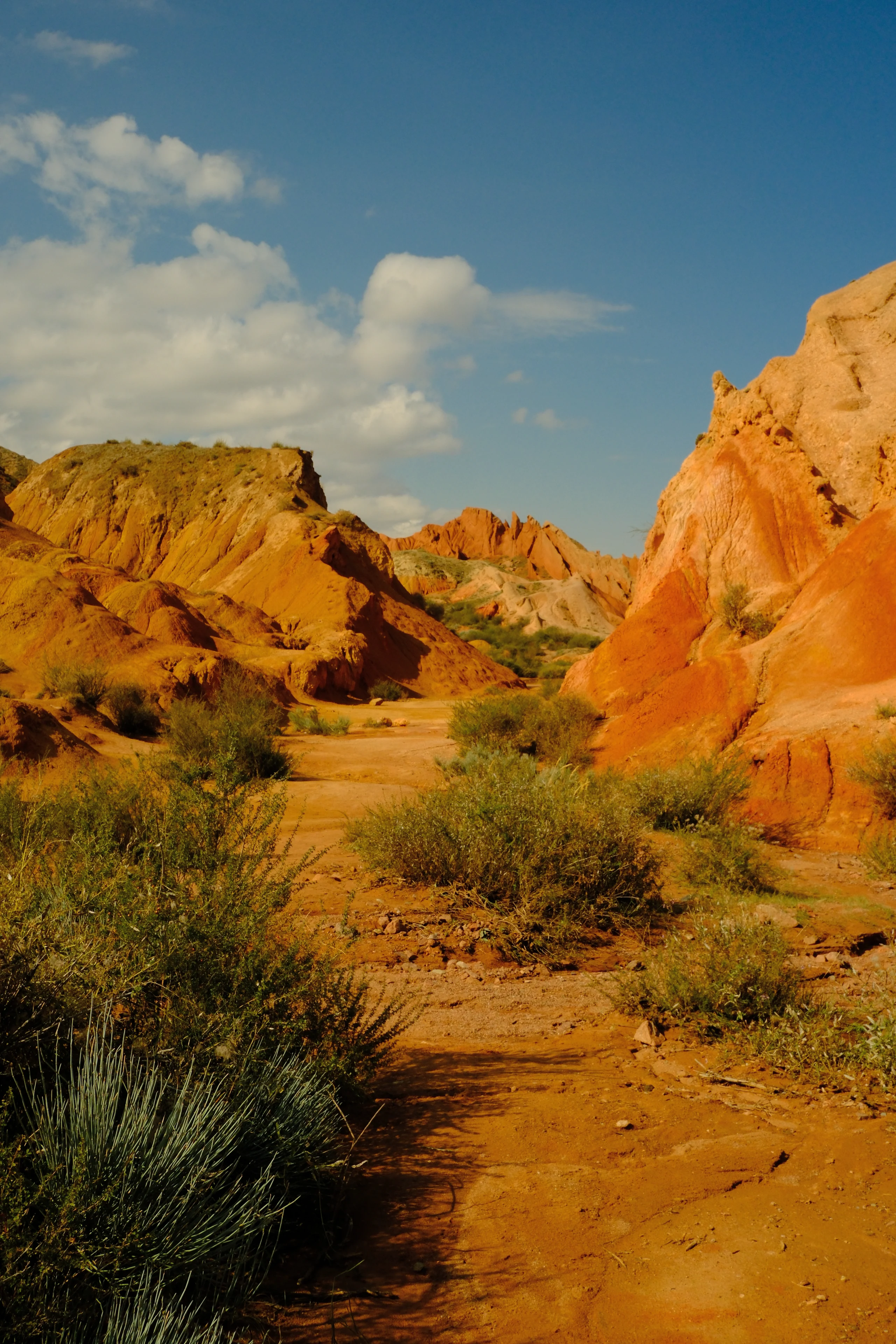 A sandy corridor between warm sandstone walls in Skazka Canyon.