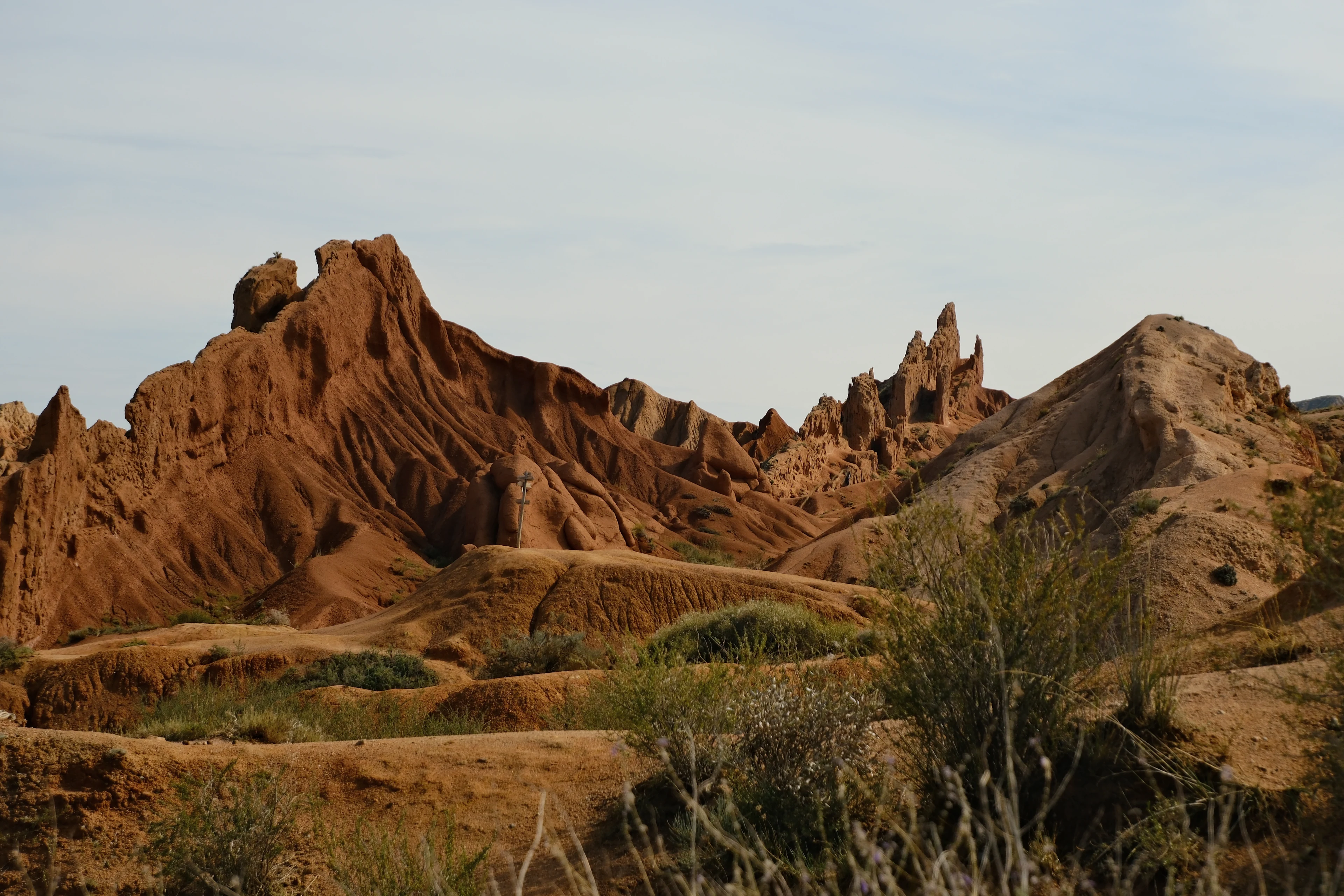Sandstone spires and winding gullies in Skazka Canyon.