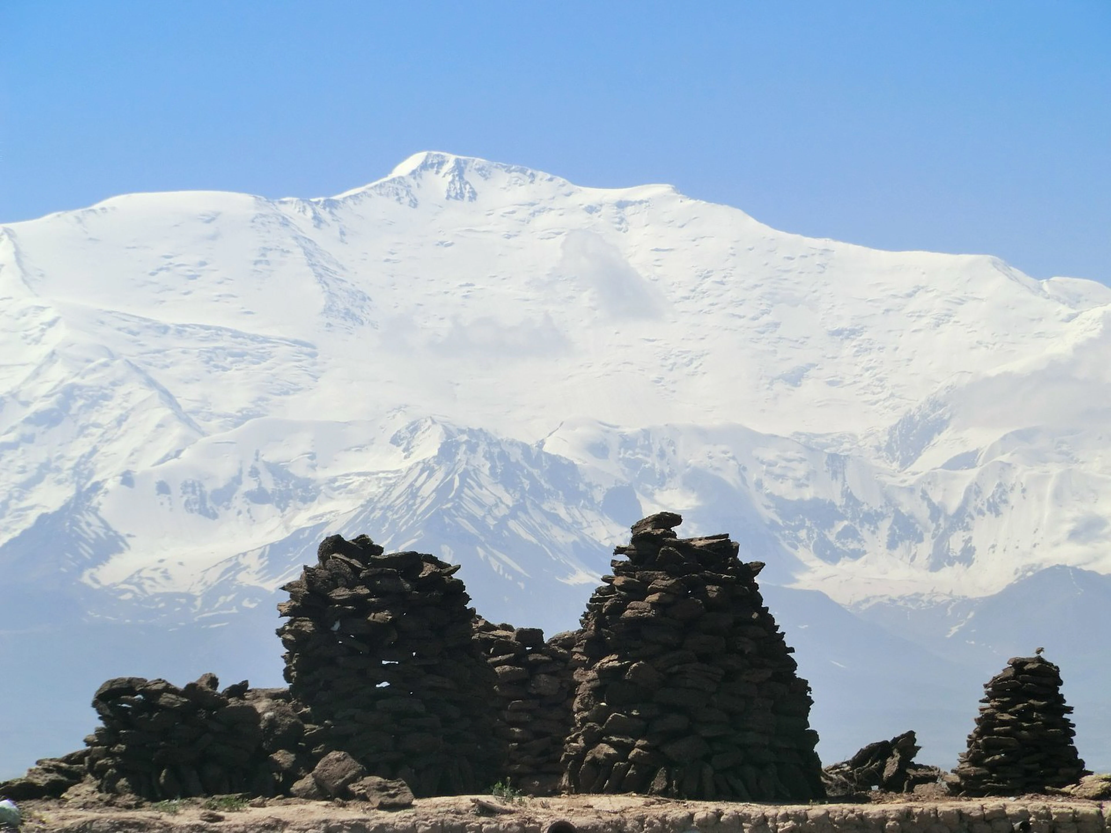 Snowy Pamir mountains beneath the open sky in southern Kyrgyzstan